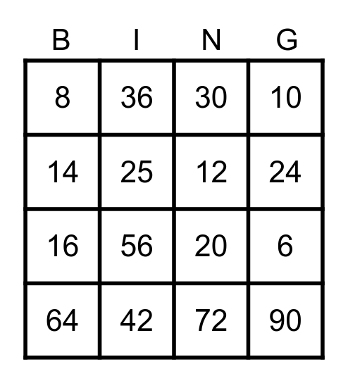 Multiplication Bingo Card