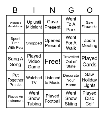 Winter Break Bingo Card