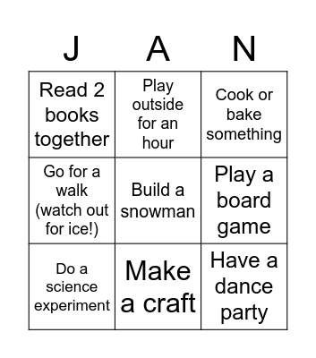 January Activities with Kids Bingo Card