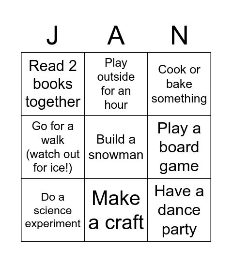 January Activities with Kids Bingo Card