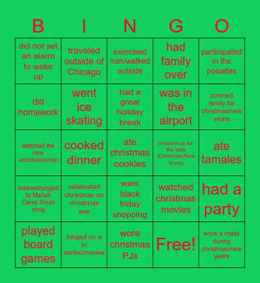 Holiday break 2020-2021 Bingo Card