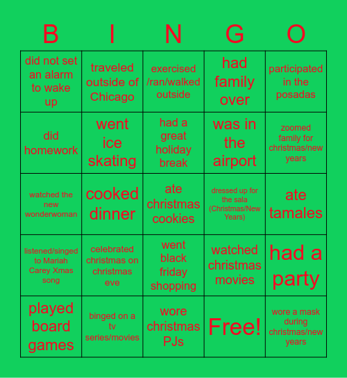 Holiday break 2020-2021 Bingo Card