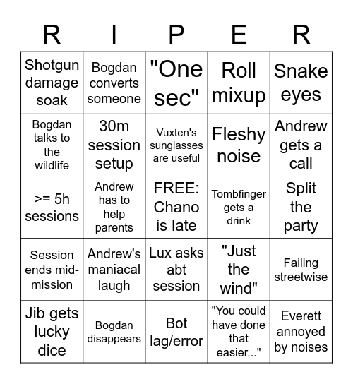 Ripper's Wiki-wiki Wild Wild West Bingo Card