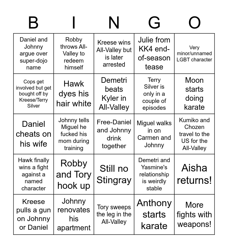 Cobra Kai S4 Bingo Card