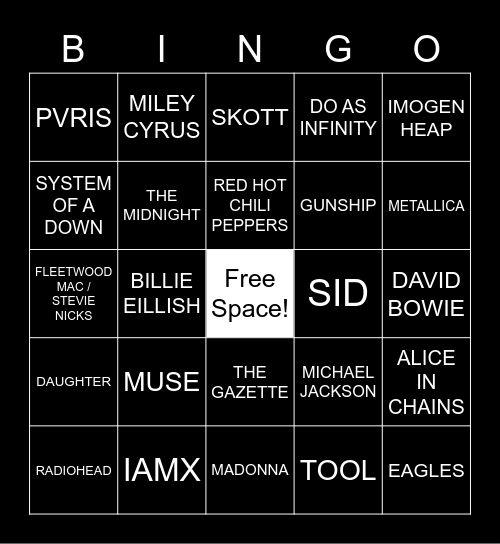 DANA'S MUSIC BINGO Card
