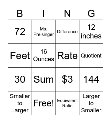 Ratios and Rates Bingo Card