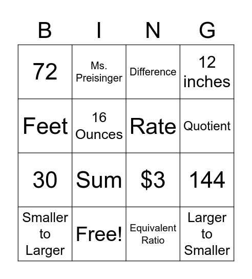 Ratios and Rates Bingo Card