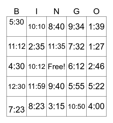Telling Analog Time Bingo Card