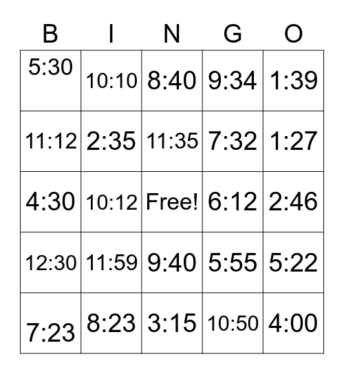 Telling Analog Time Bingo Card