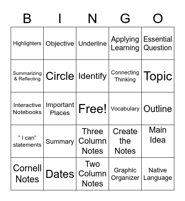 AVID Focused Note-Taking Bingo Card