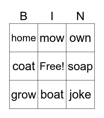 Long o Spelling oa ow oe o_e Bingo Card