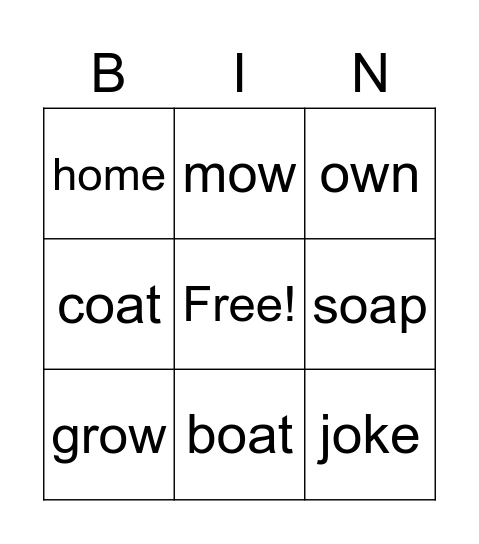Long o Spelling oa ow oe o_e Bingo Card