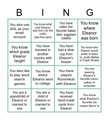 Eleanor's Birthday BINGO! Bingo Card