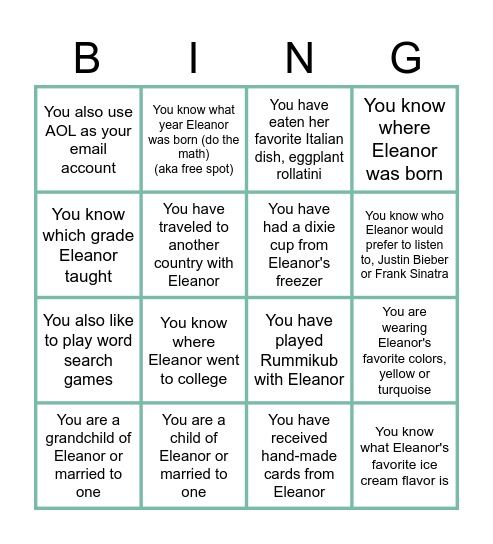 Eleanor's Birthday BINGO! Bingo Card