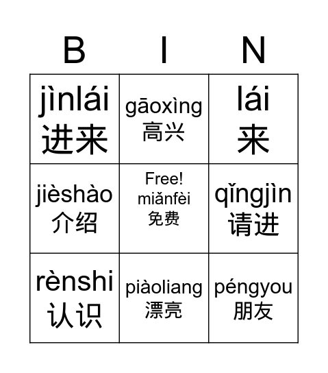 Kàn péngyou (看朋友）Visiting Friends Bingo Card