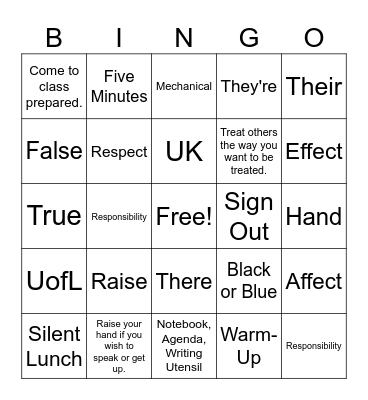 Procedures and Expectations Review Bingo Card