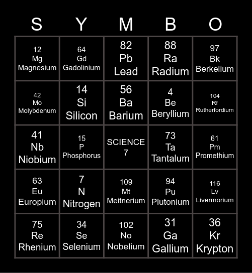 SCIENCE Bingo Card