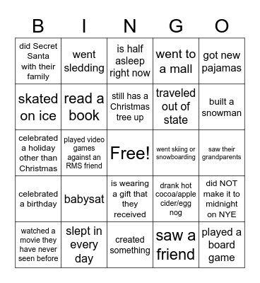 Winter Break Bingo Card