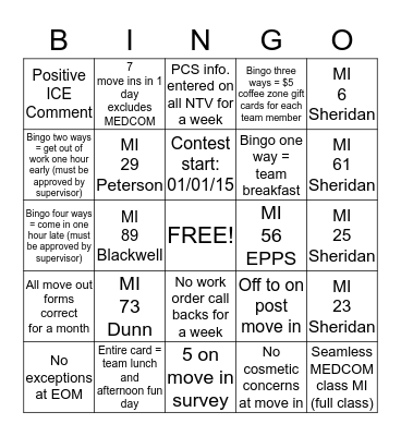 Allen Heights Contest Bingo Card