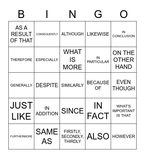 LINKING WORDS Bingo Card