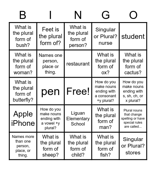 Nouns Review Bingo Card