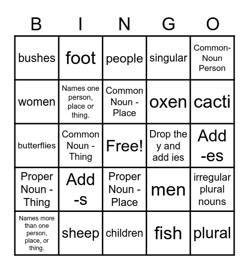Nouns Review Bingo Card
