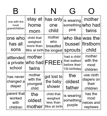 Camia's Baby Shower Guest Bingo Card