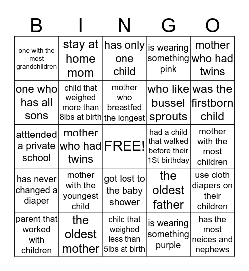 Camia's Baby Shower Guest Bingo Card