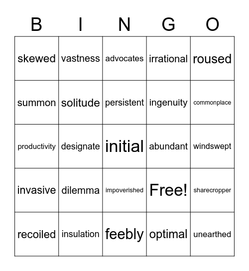 Unit 3 Vocabulary Words Bingo Card