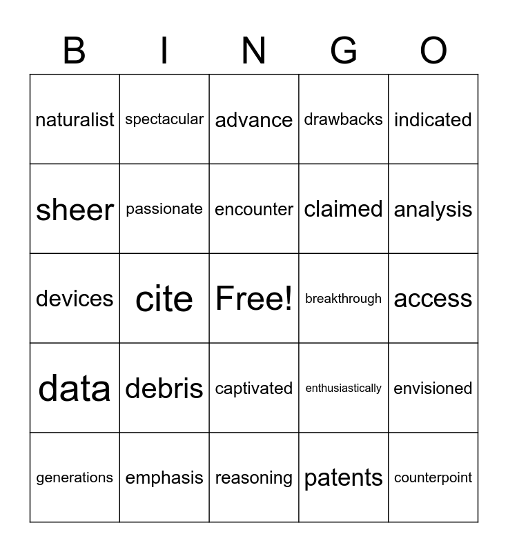 Vocab Unit 1, Week 3-5 Bingo Card