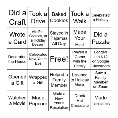 Winter Break Recap Bingo Card