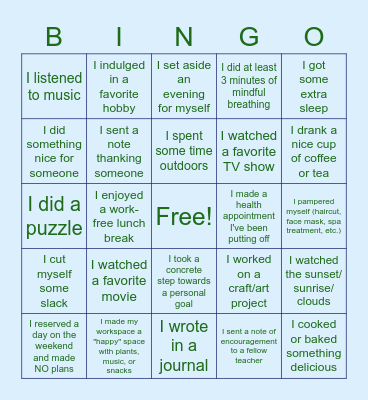 January Self-care Bingo Card