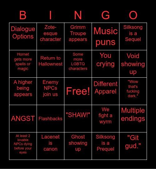 Silksong Bingo Card