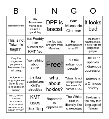 Taiwan's Left's arguments Bingo Card