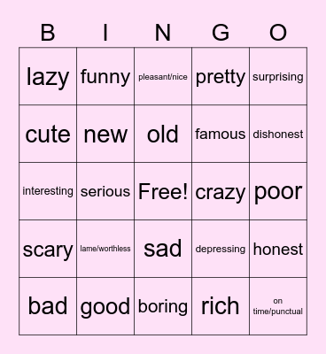 Unit 1 Adjectives Bingo Card