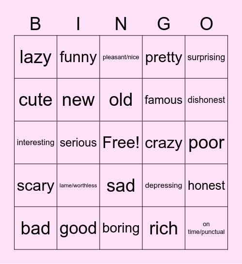 Unit 1 Adjectives Bingo Card
