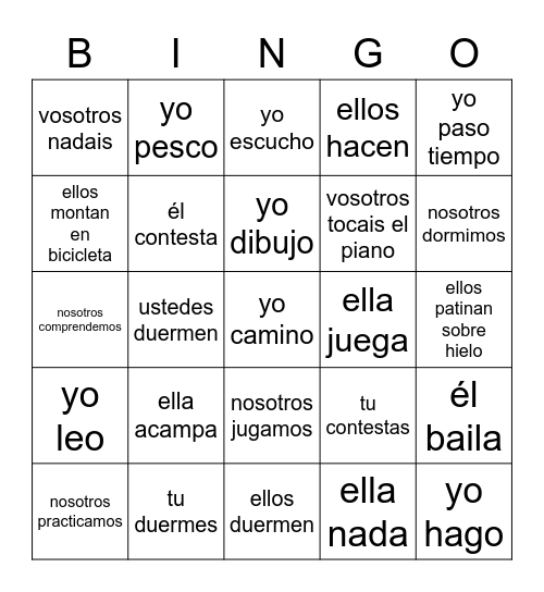 unit 4 verbs Bingo Card