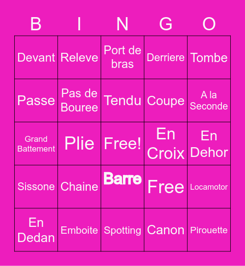 Ballet Bingo Card