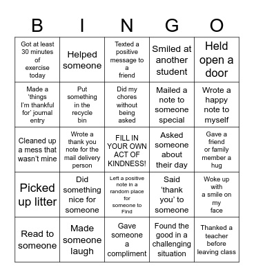 Random Acts of Kindness Bingo Card