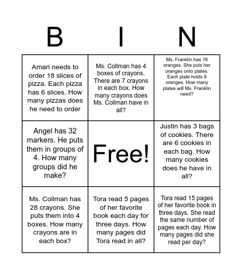 Word problems Bingo Card
