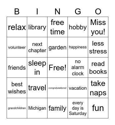 Pam's Retirement Bingo Card