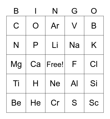 Periodic Table Bingo Card