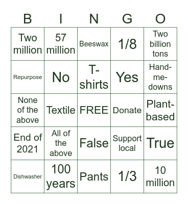 Sustainable Living BINGO Card