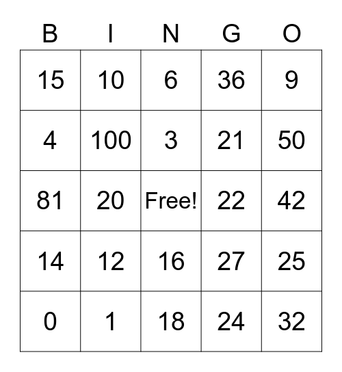 Multiplication Bingo Card