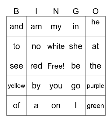 Kinder Sight Words Bingo Card