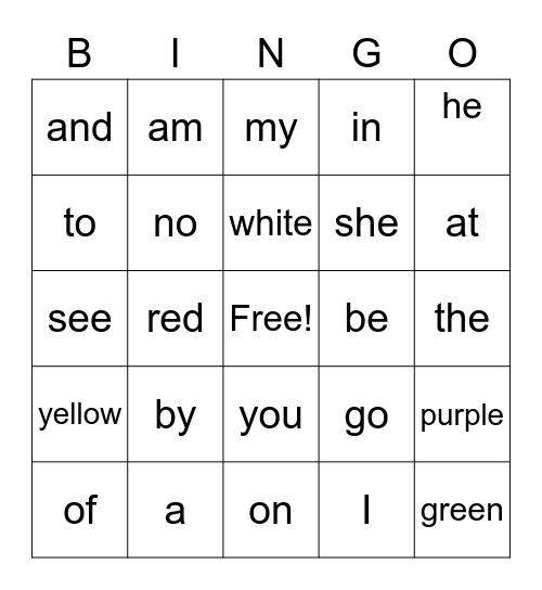 Kinder Sight Words Bingo Card