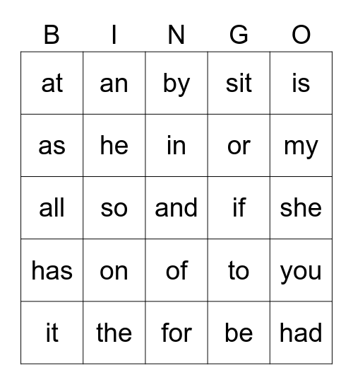 set 1 sight words Bingo Card