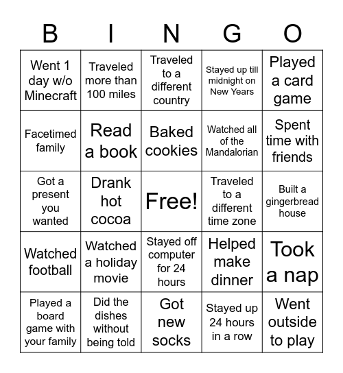 Winter Break Bingo Card