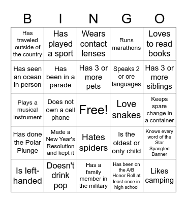 First Day Bingo Card