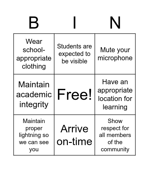 Online Norms Bingo Card